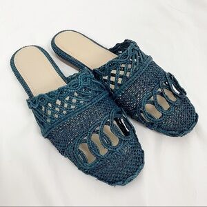 Zyne Raffy Raffia Woven Round Toe Backless Loafers Mules Flats Blue Casual